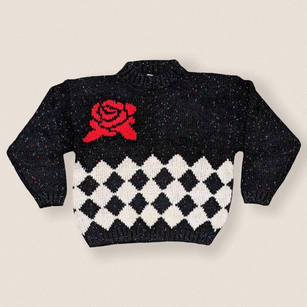 Vintage 80s Black‎ Rose Checkered Pattern Sweater Mockneck Size Small